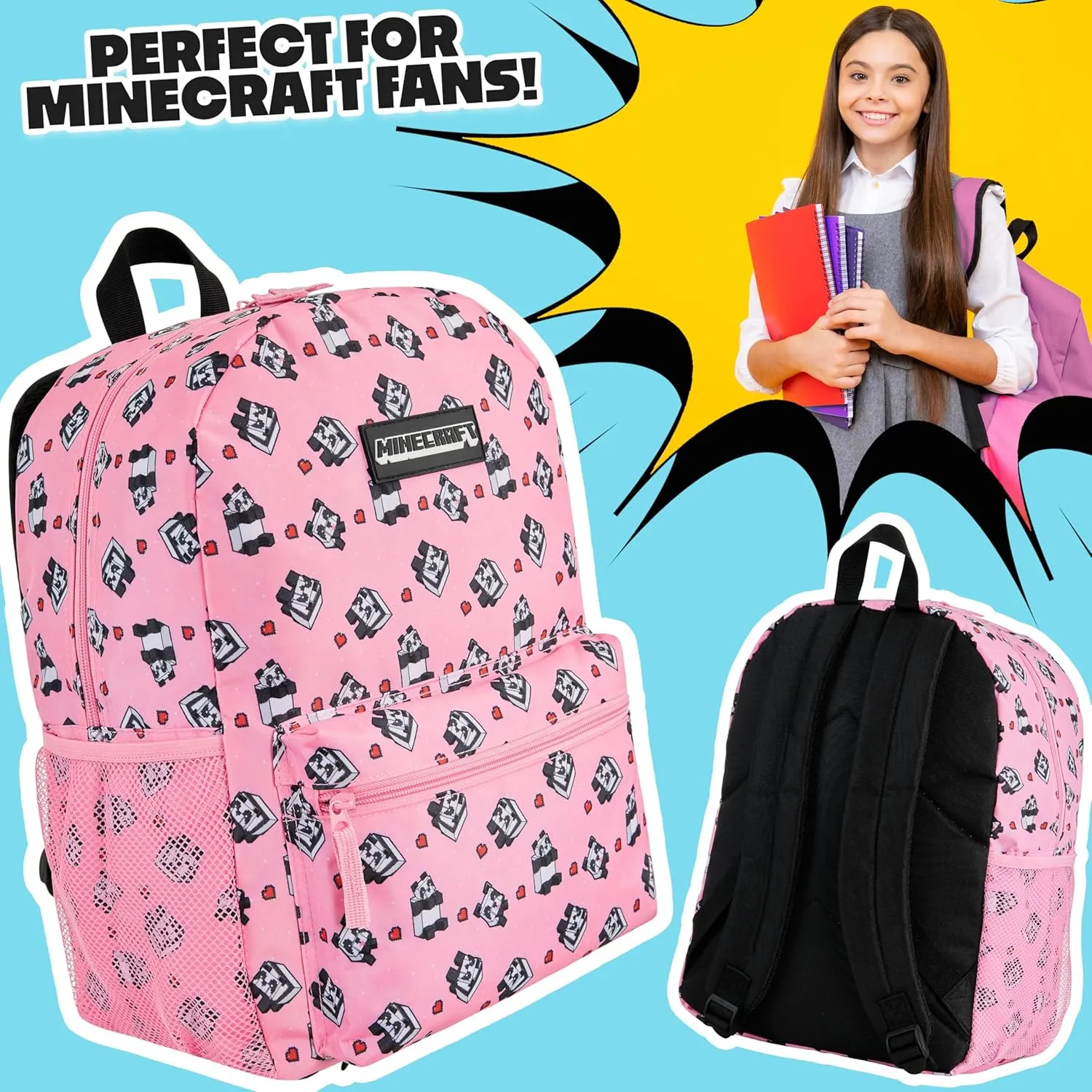 Minecraft Kids School Backpack with Zipped Front Pocket for Sports, Gym, Travel - Gamer Gifts (Pink)