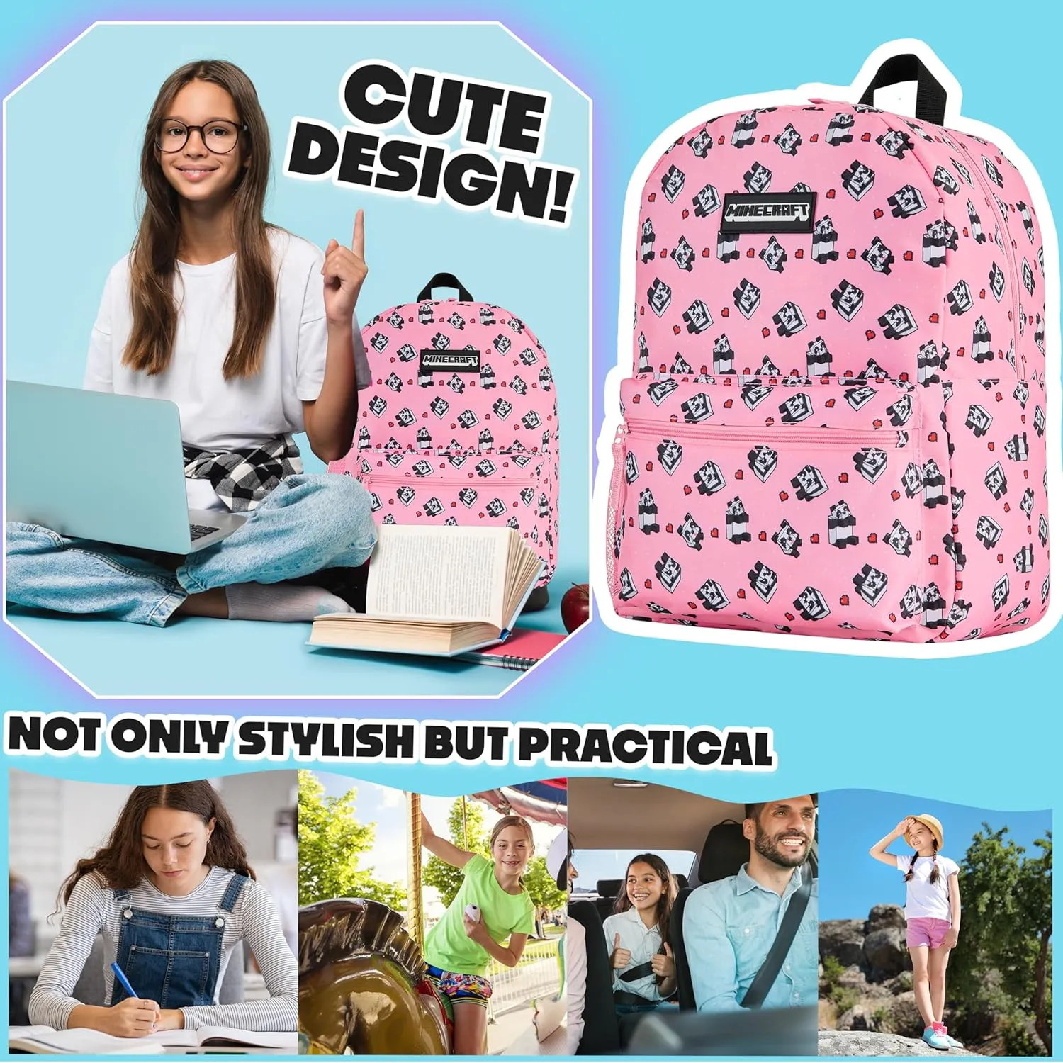 Minecraft Kids School Backpack with Zipped Front Pocket for Sports, Gym, Travel - Gamer Gifts (Pink)