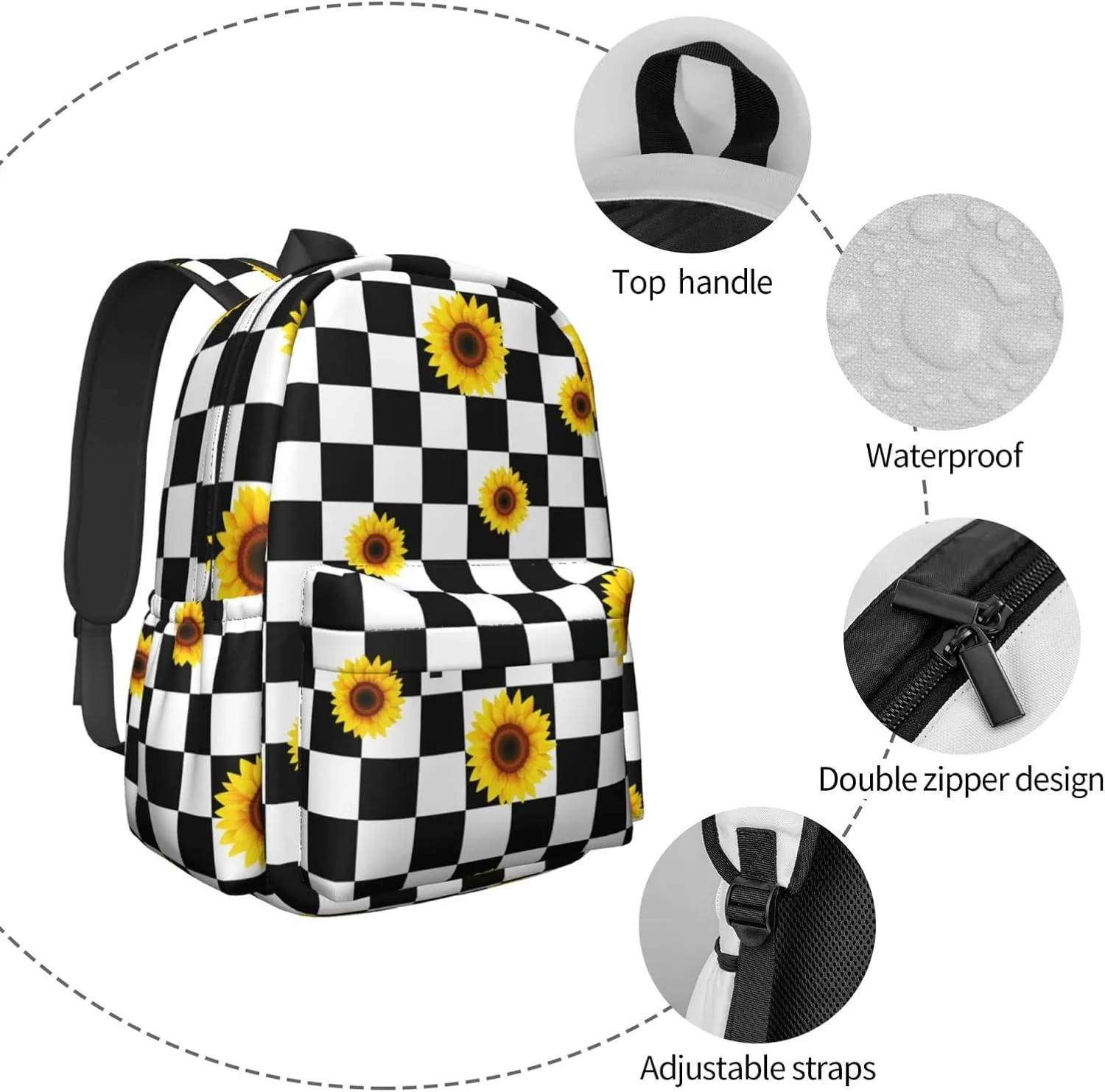 MISOLAXI Black And White Checkered Sunflower Backpack Casual Daypacks, College Bag Laptop Backpacks, Backpacks for Boys Girls Children and Adult, with Adjustable Padded Straps