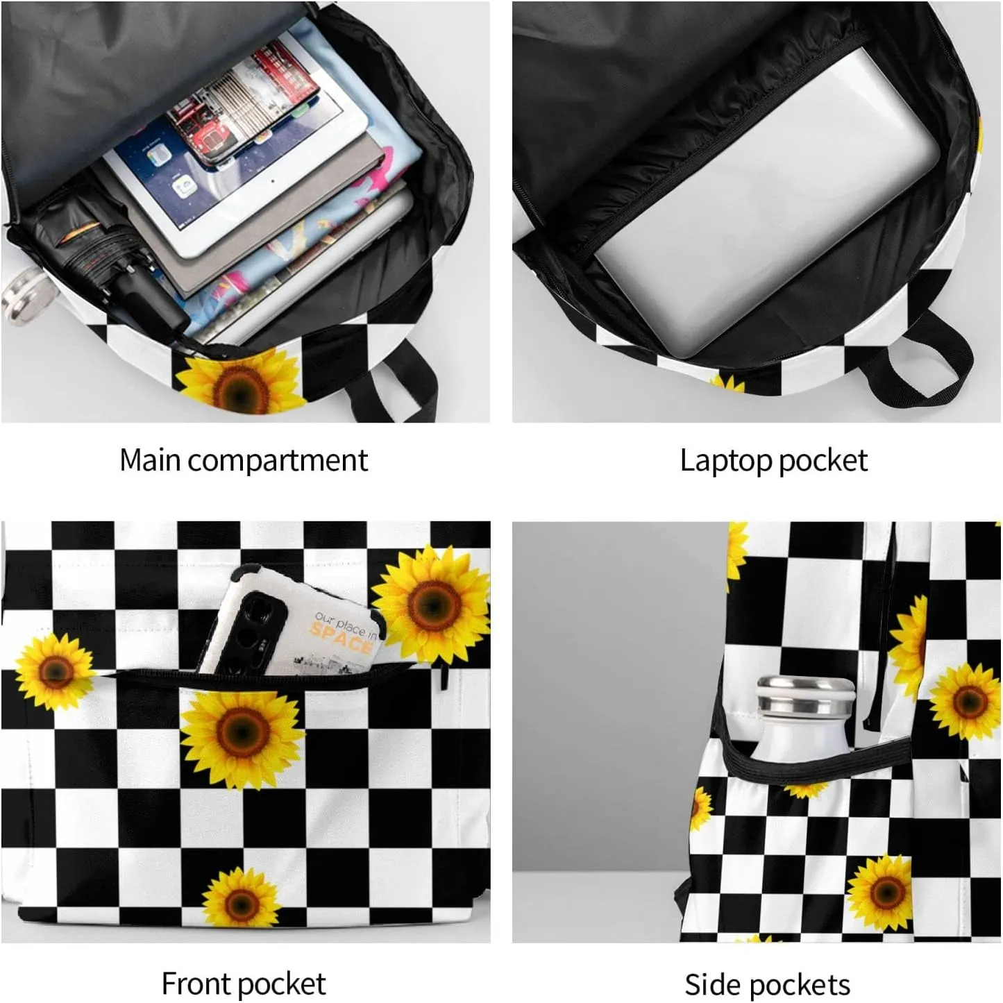 MISOLAXI Black And White Checkered Sunflower Backpack Casual Daypacks, College Bag Laptop Backpacks, Backpacks for Boys Girls Children and Adult, with Adjustable Padded Straps