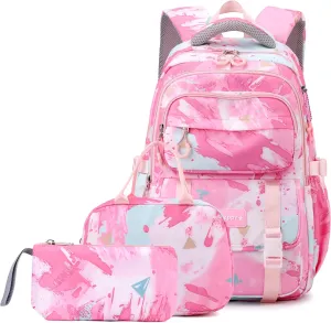 MITOWERMI 3Pcs Backpack for Girls Kids Backpacks with Lunch Box Elementary Middle High School Backpacks Students Bookbag Set School Bags for Teens Girls (Pink)