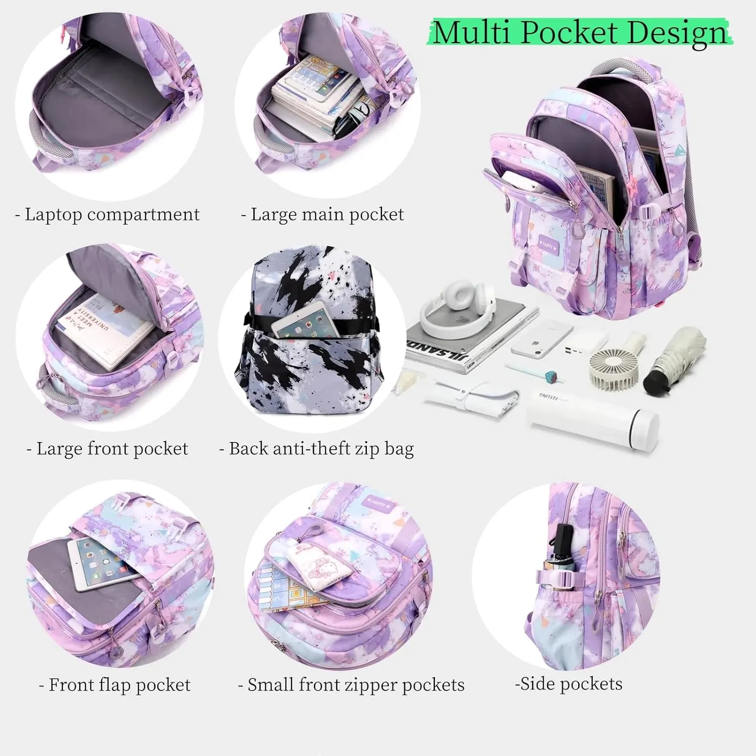 MITOWERMI 3Pcs Backpack for Girls Kids Backpacks with Lunch Box Elementary Middle High School Backpacks Students Bookbag Set School Bags for Teens Girls (Pink)
