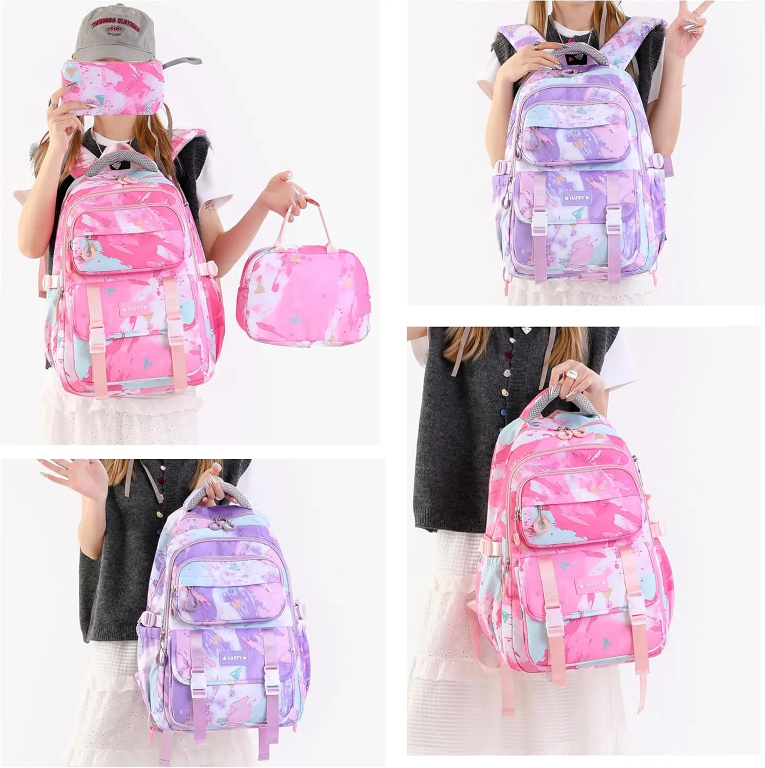 MITOWERMI 3Pcs Backpack for Girls Kids Backpacks with Lunch Box Elementary Middle High School Backpacks Students Bookbag Set School Bags for Teens Girls (Pink)