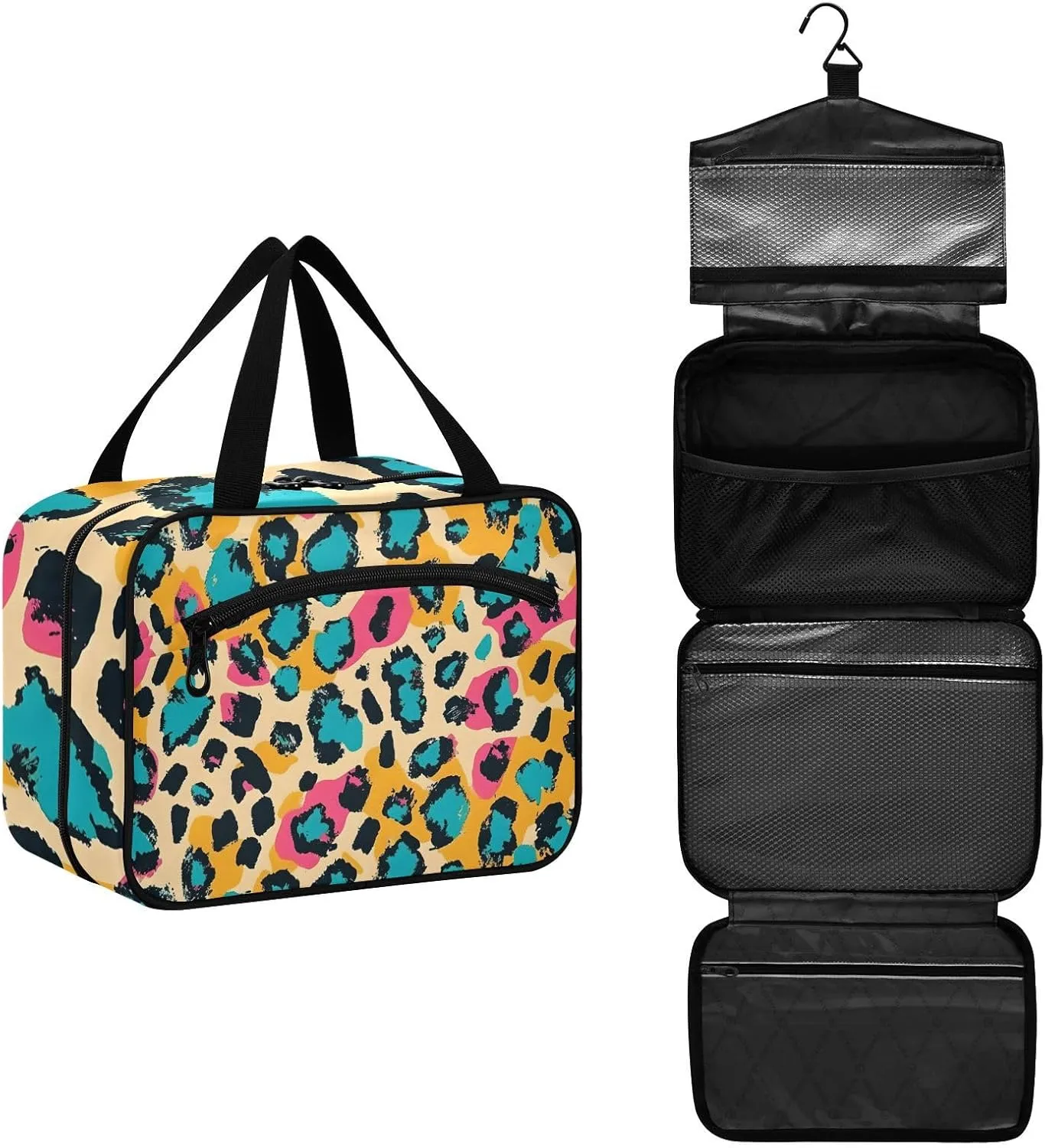 MUKJHOI Hanging Travel Toiletry Bag  4 Zippered Compartments, Transparent Organizer, Compact & Water-Resistant for Gym, Camping, Hotel  Cheetah (1)