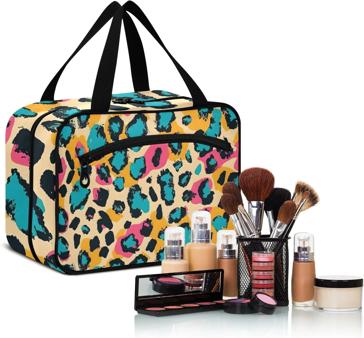 MUKJHOI Hanging Travel Toiletry Bag  4 Zippered Compartments, Transparent Organizer, Compact & Water-Resistant for Gym, Camping, Hotel  Cheetah (1)