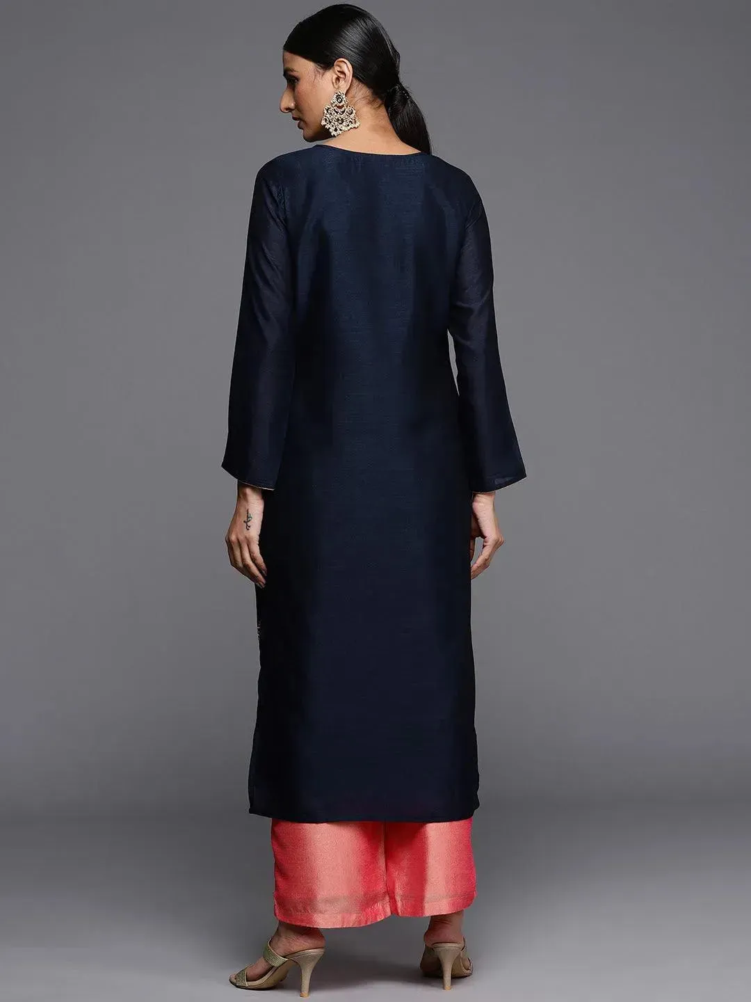 Navy Blue Embroidered Silk Straight Kurta