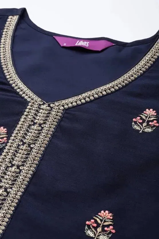 Navy Blue Embroidered Silk Straight Kurta
