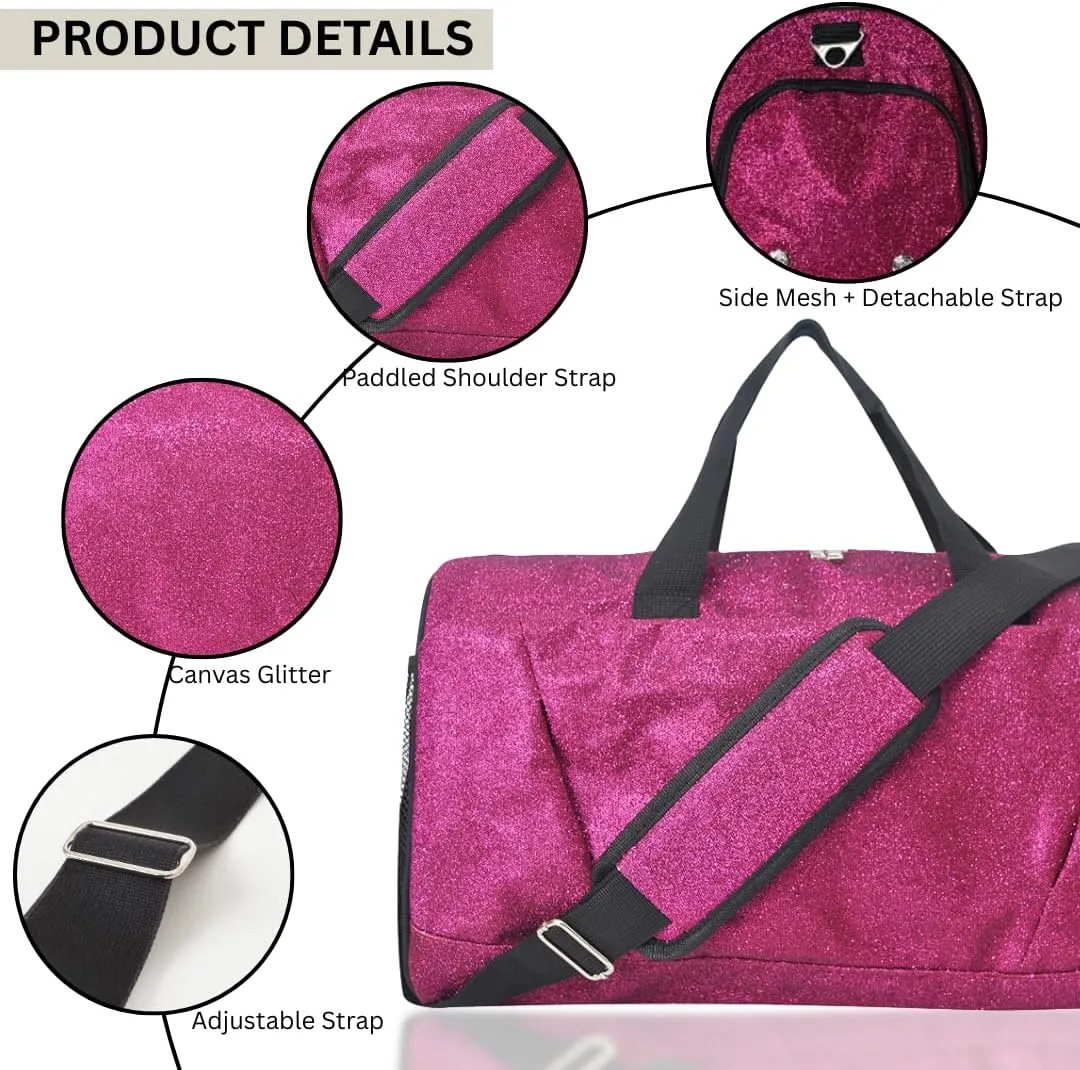 NGIL Glitter Cheer Gym Duffel Bag with Shoe Compartment, Small Travel Tote, and Overnight Carry-On for Women (Glitter-Hot Pink)