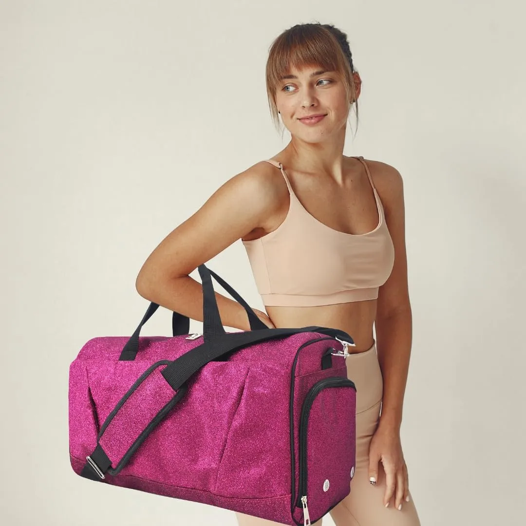 NGIL Glitter Cheer Gym Duffel Bag with Shoe Compartment, Small Travel Tote, and Overnight Carry-On for Women (Glitter-Hot Pink)