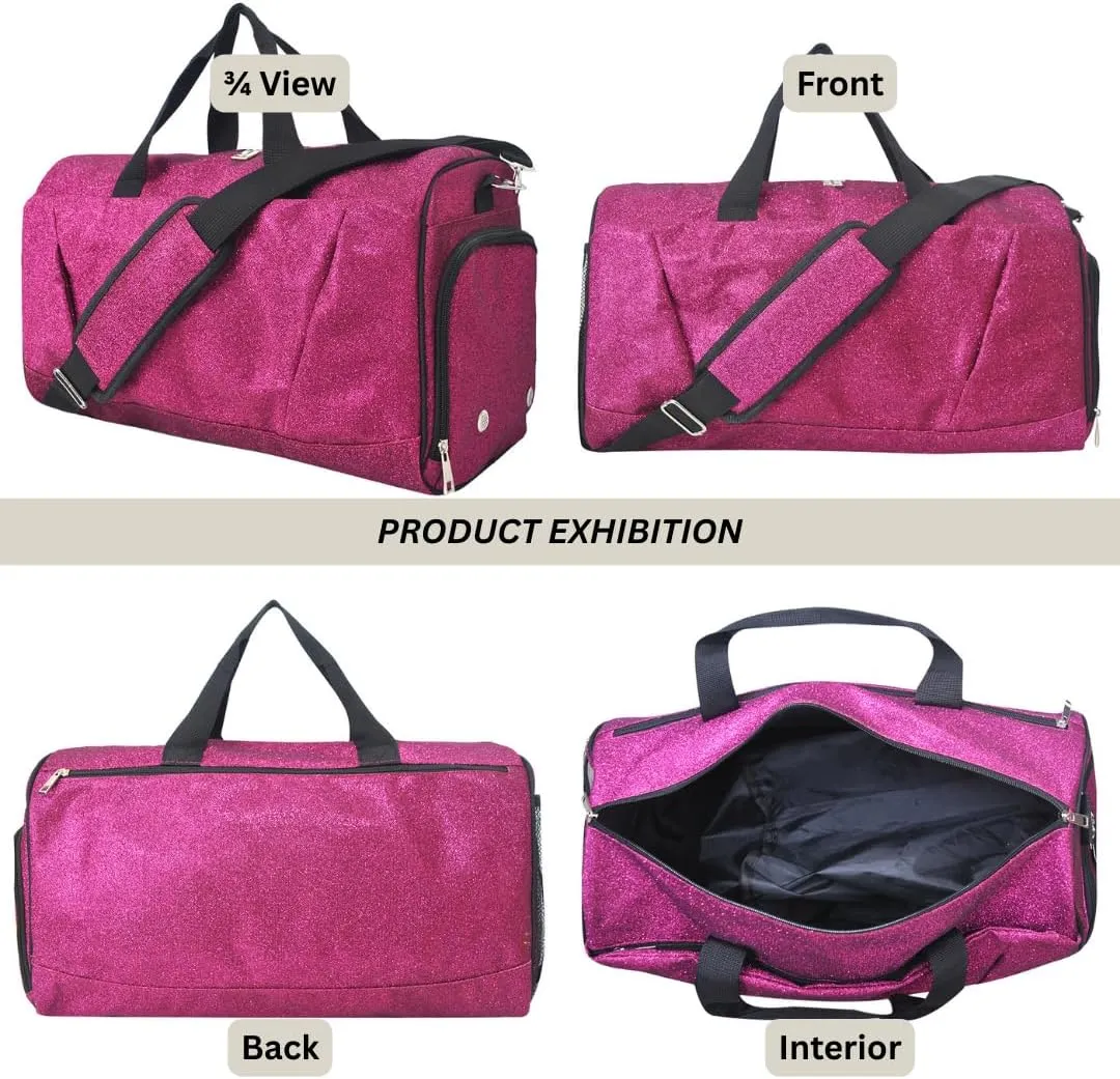 NGIL Glitter Cheer Gym Duffel Bag with Shoe Compartment, Small Travel Tote, and Overnight Carry-On for Women (Glitter-Hot Pink)