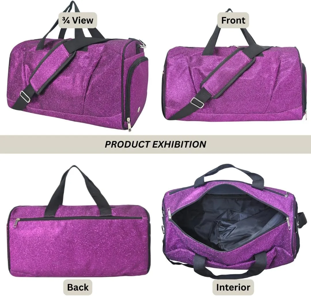 NGIL Glitter Cheer Gym Duffel Bag with Shoe Compartment, Small Travel Tote, and Overnight Carry-On for Women (Glitter-Purple)