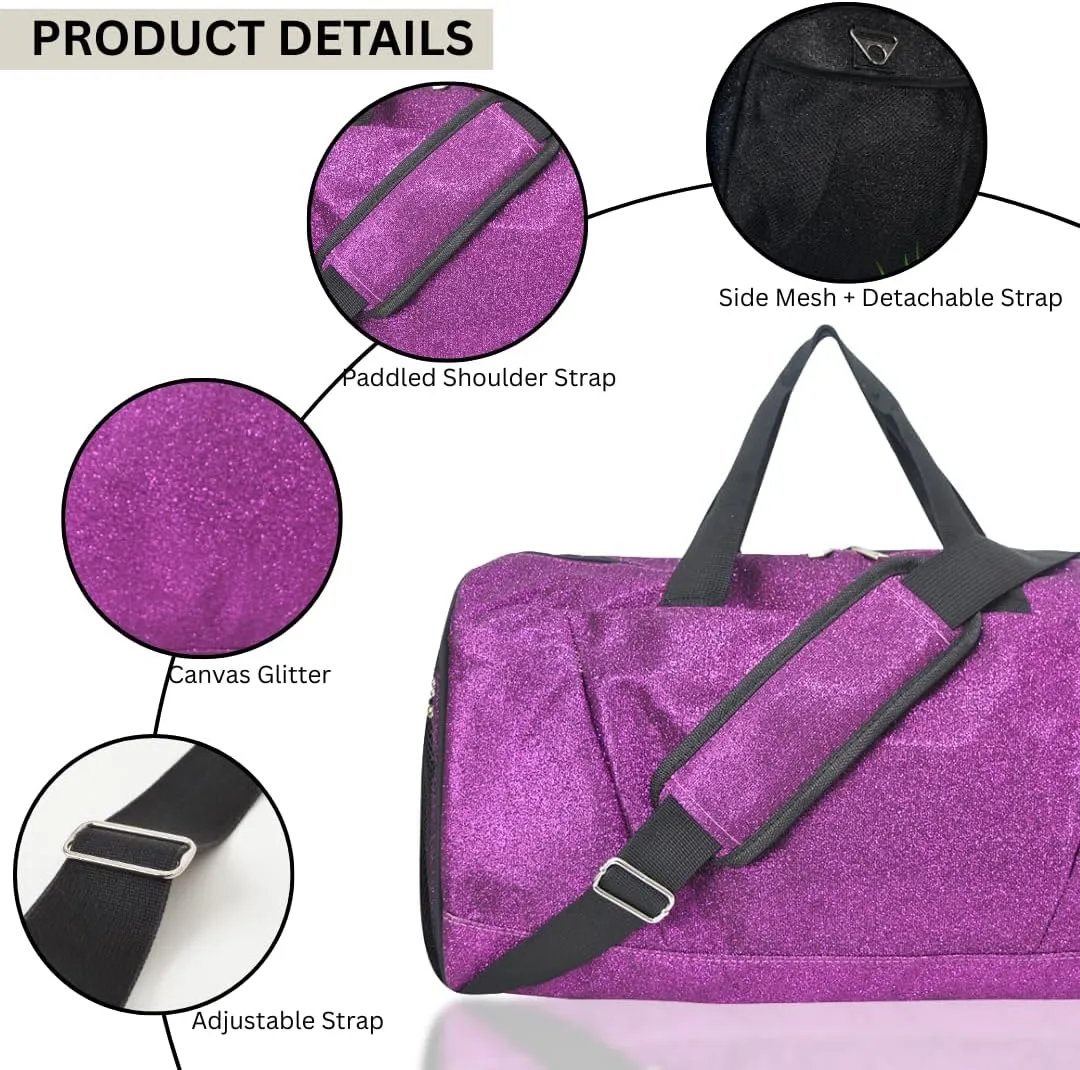 NGIL Glitter Cheer Gym Duffel Bag with Shoe Compartment, Small Travel Tote, and Overnight Carry-On for Women (Glitter-Purple)