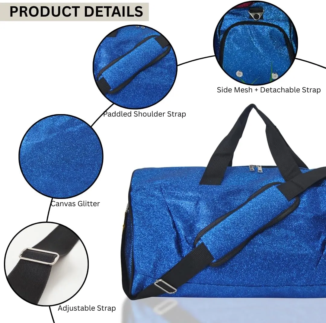 NGIL Glitter Cheer Gym Duffel Bag with Shoe Compartment, Small Travel Tote, and Overnight Carry-On for Women (Glitter-Royal)