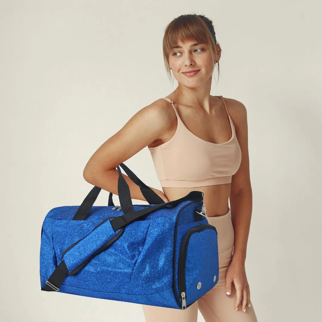 NGIL Glitter Cheer Gym Duffel Bag with Shoe Compartment, Small Travel Tote, and Overnight Carry-On for Women (Glitter-Royal)