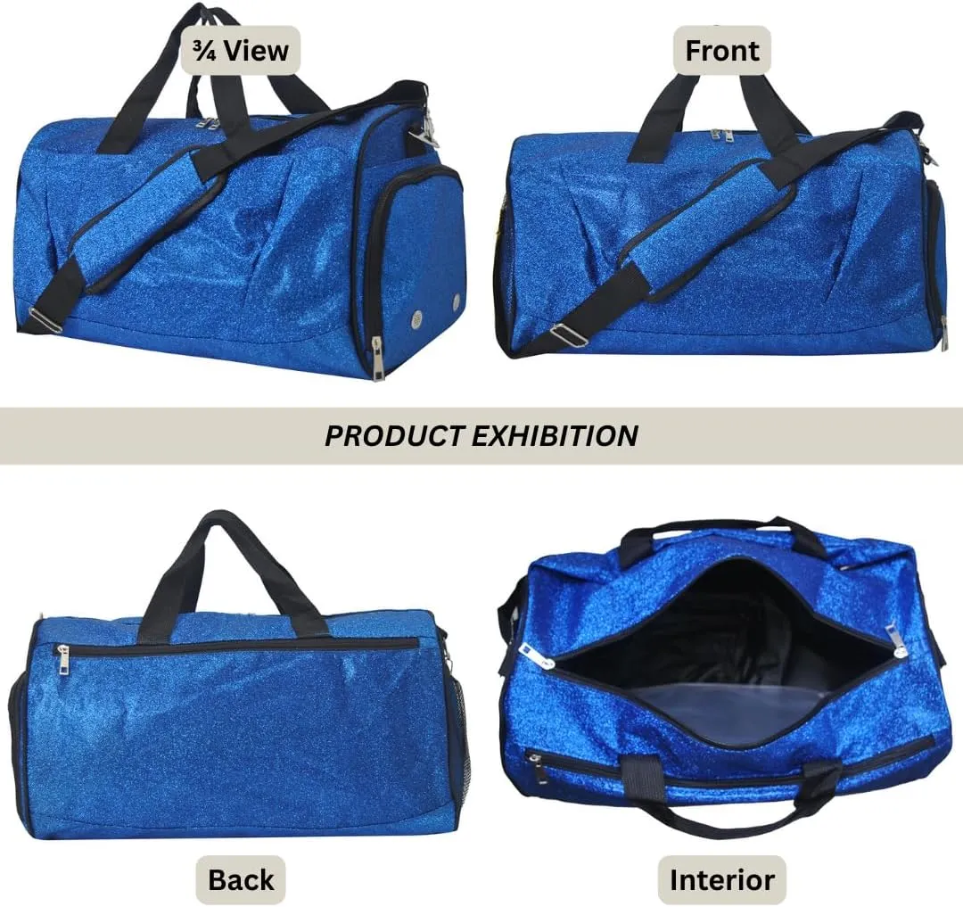 NGIL Glitter Cheer Gym Duffel Bag with Shoe Compartment, Small Travel Tote, and Overnight Carry-On for Women (Glitter-Royal)
