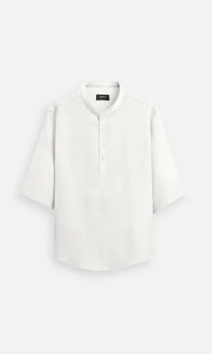 Off White Pure Linen Office Wear Kurta Style Shirt - AddysForMen