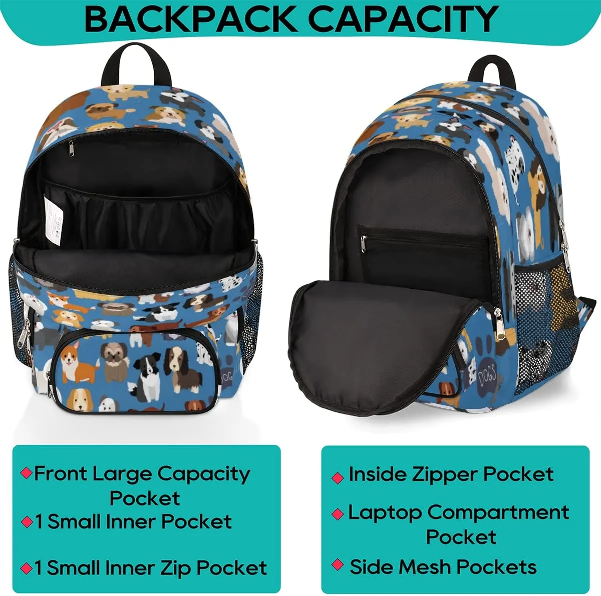 Pardick Dog Print Animal School Backpacks for Girls Boys Teens Students Doodle Dog Stylish College Schoolbag Book Bag - Water Resistant Travel Backpacks for Women Men