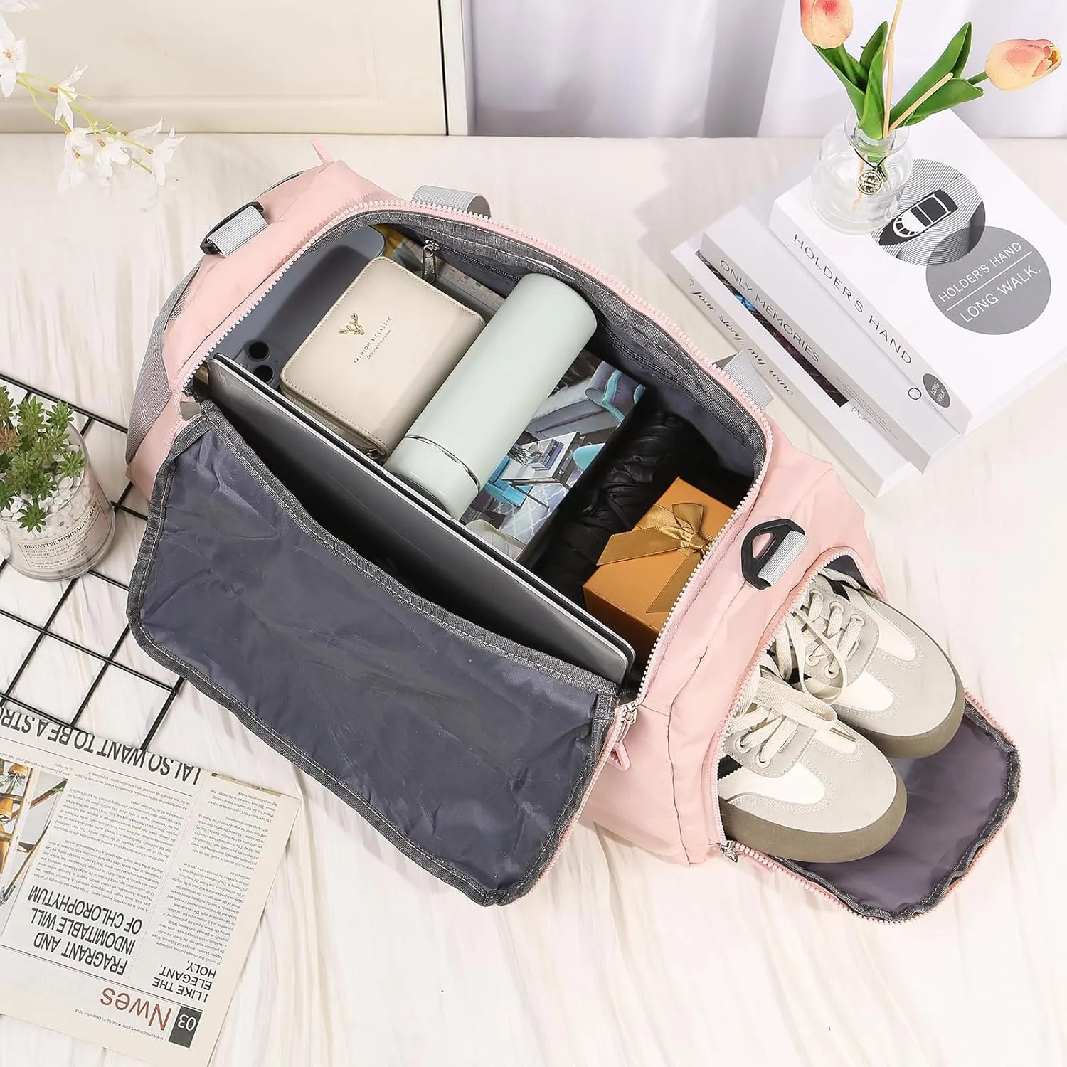 Personalized Duffel Bag Custom Sport Gym Travel Bags Embroidered Name Text Customized Dry Wet Separated Weekend Waterproof Bag for Women Men (A-pink)