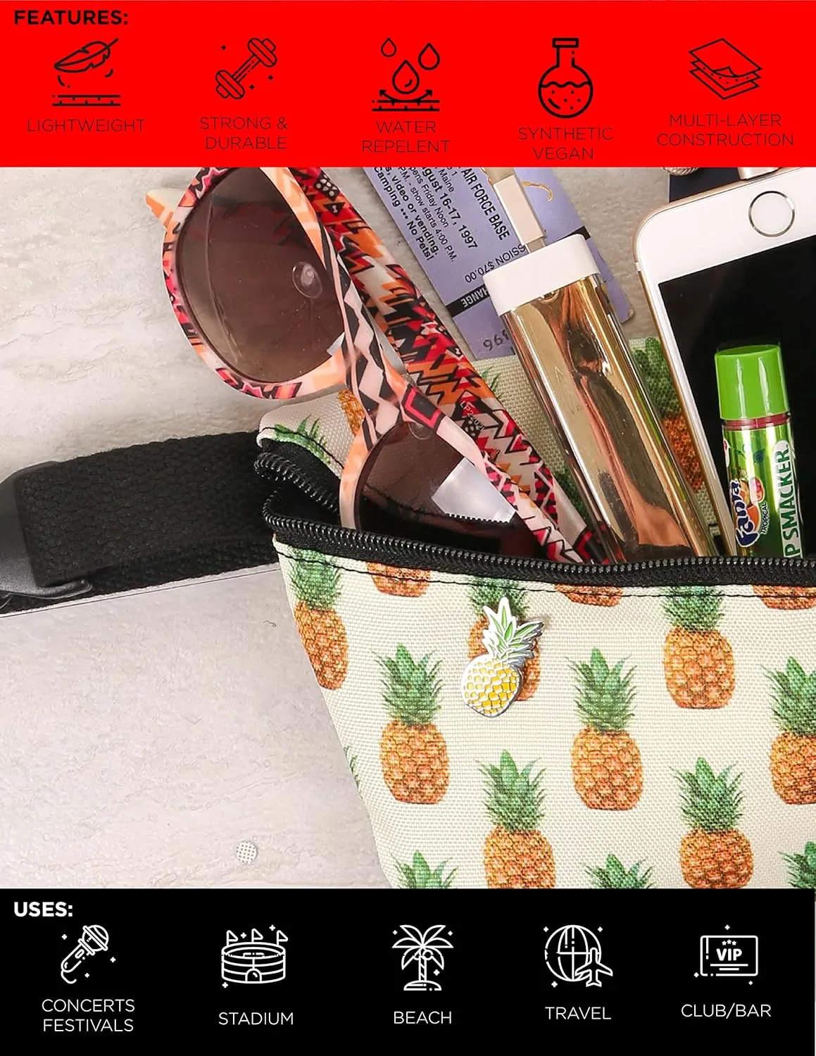 Pineapple Fanny Pack - Cute Festival Bag, Small Crossbody Bags for Women & Men, Fashionable Concert Rave Belt Waist 90s