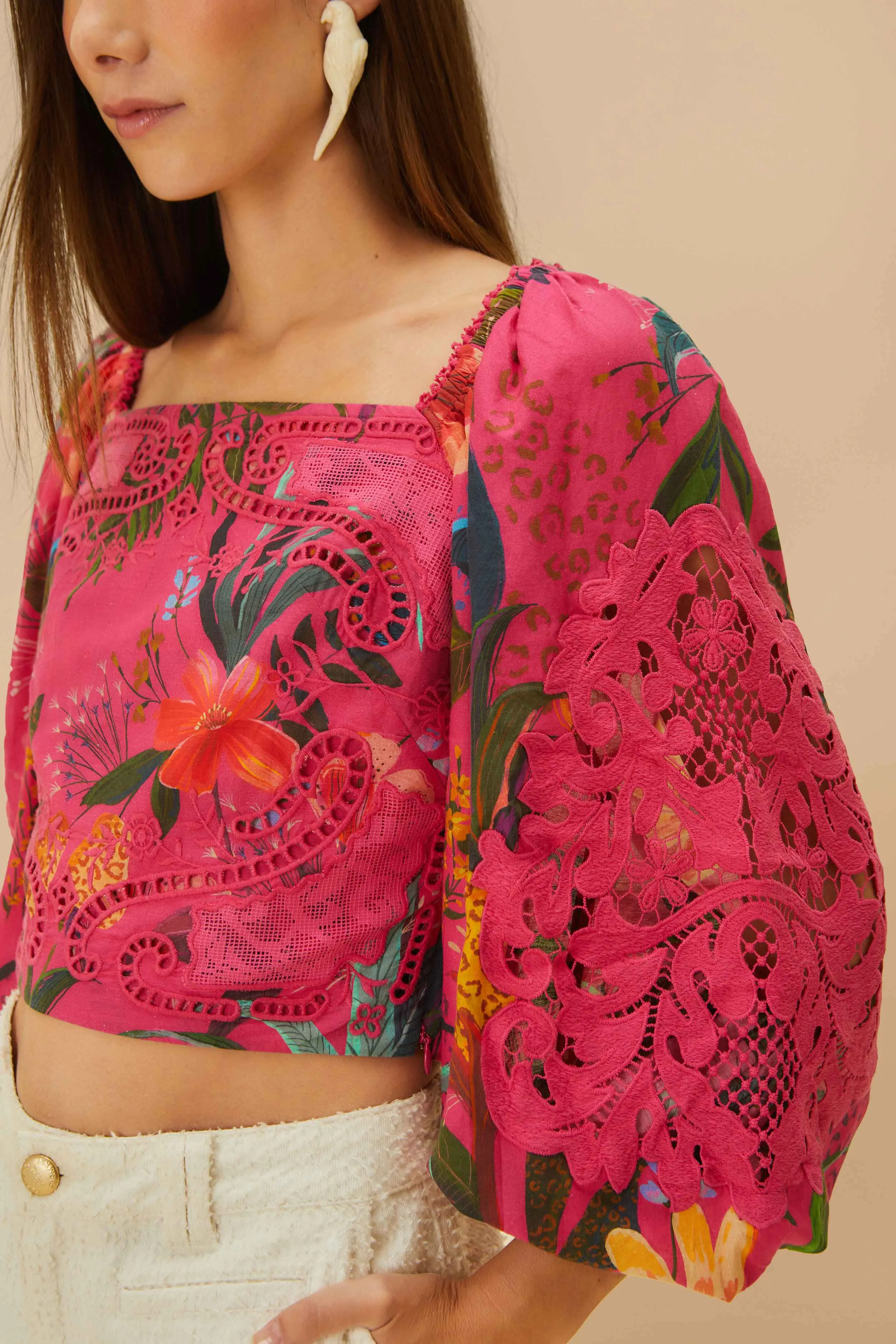 Pink Leopard Flowers Lace Blouse
