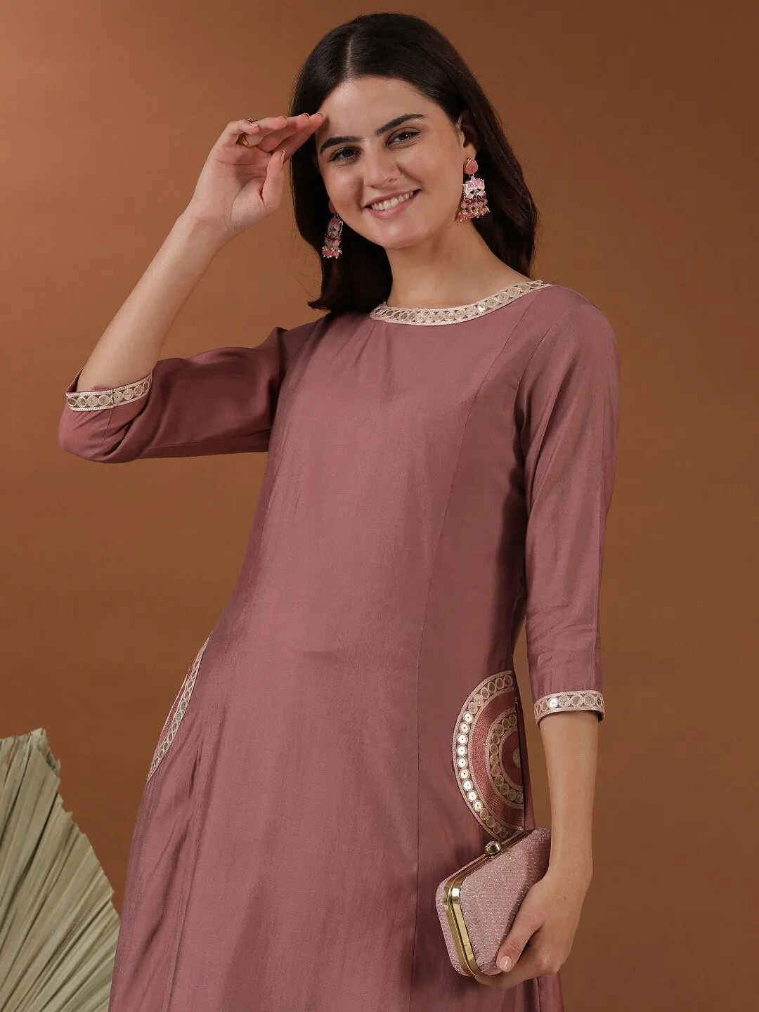 Pink Yoke Design Sequinned Empire A-Line Kurta With Trouser