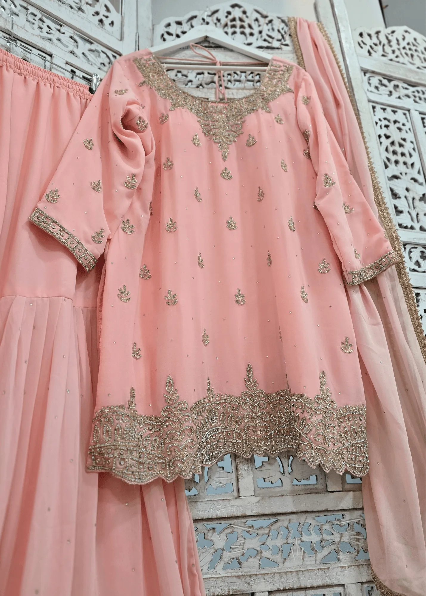 Pink/Peach Stonework Sharara Suit (Size 18-20)