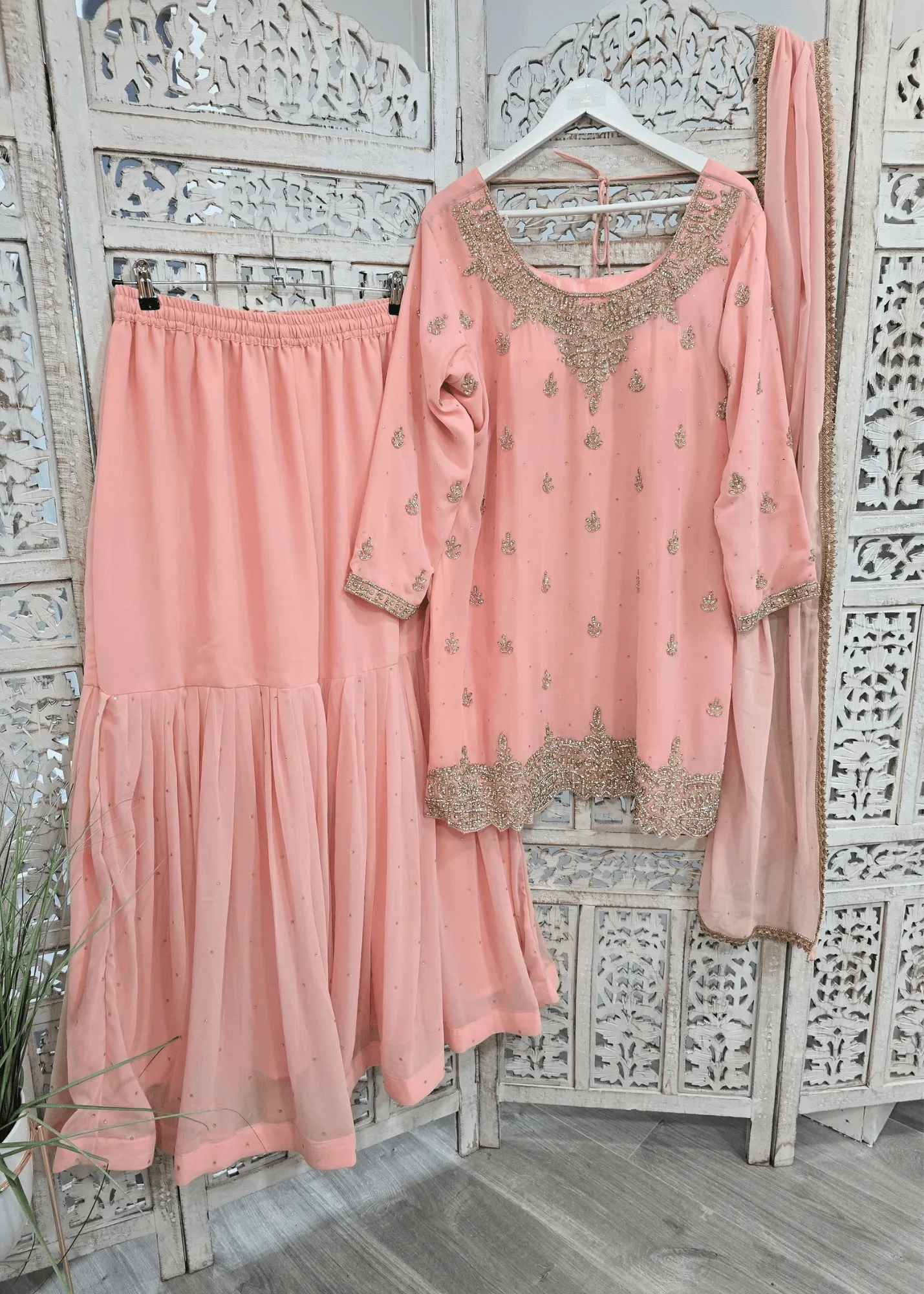 Pink/Peach Stonework Sharara Suit (Size 18-20)