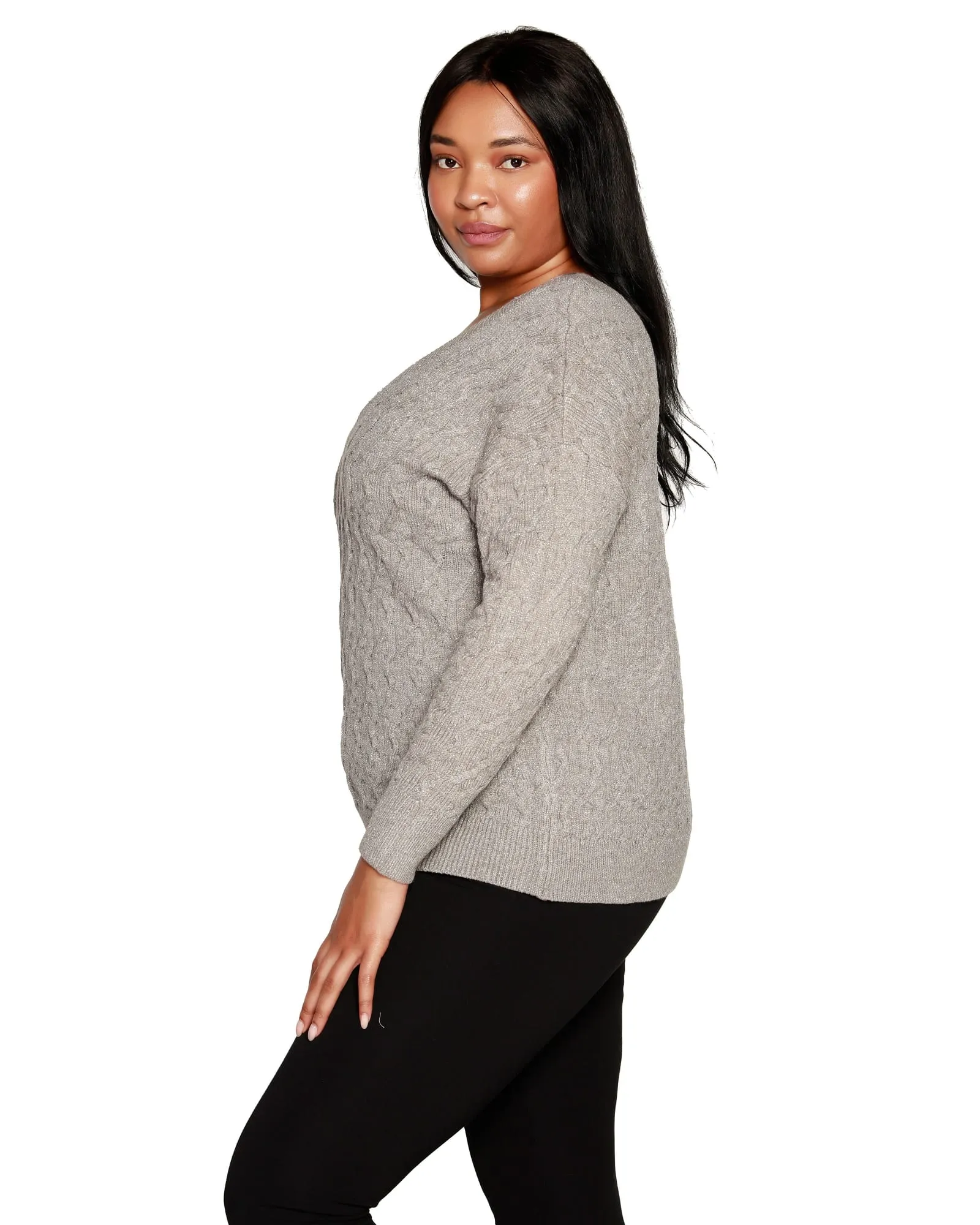 Plus Size Lurex Cable Double V-neck Sweater | Heather Grey/Silver