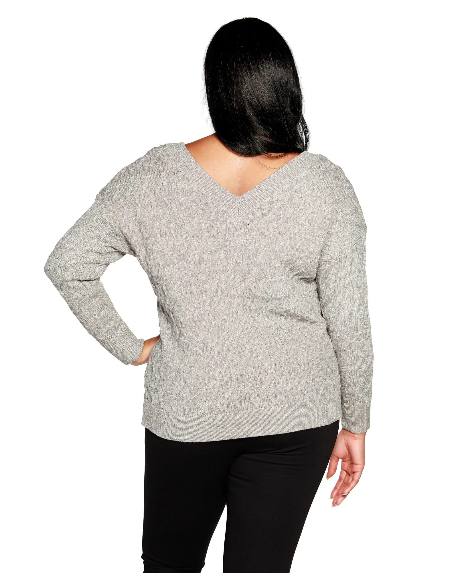 Plus Size Lurex Cable Double V-neck Sweater | Heather Grey/Silver