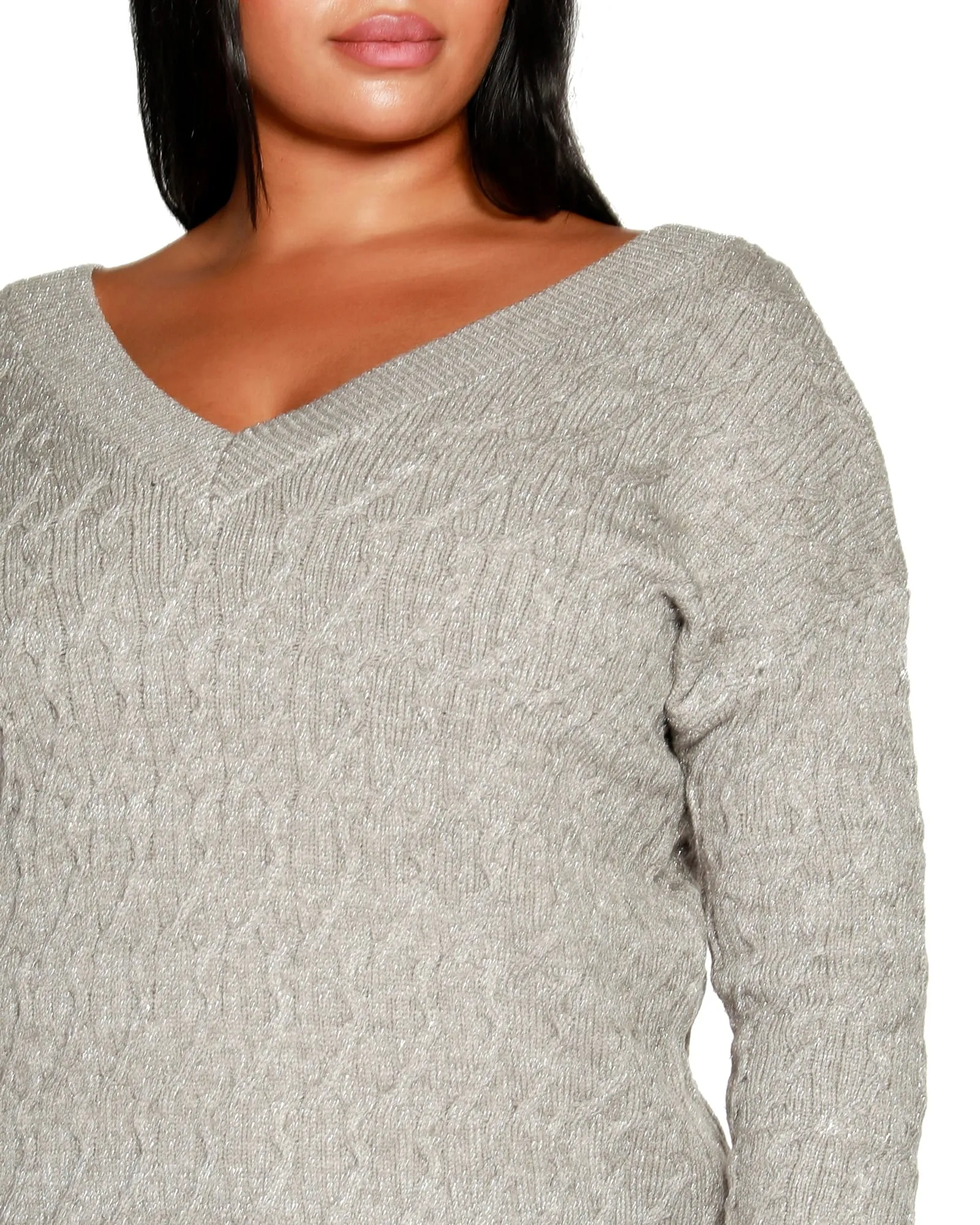 Plus Size Lurex Cable Double V-neck Sweater | Heather Grey/Silver