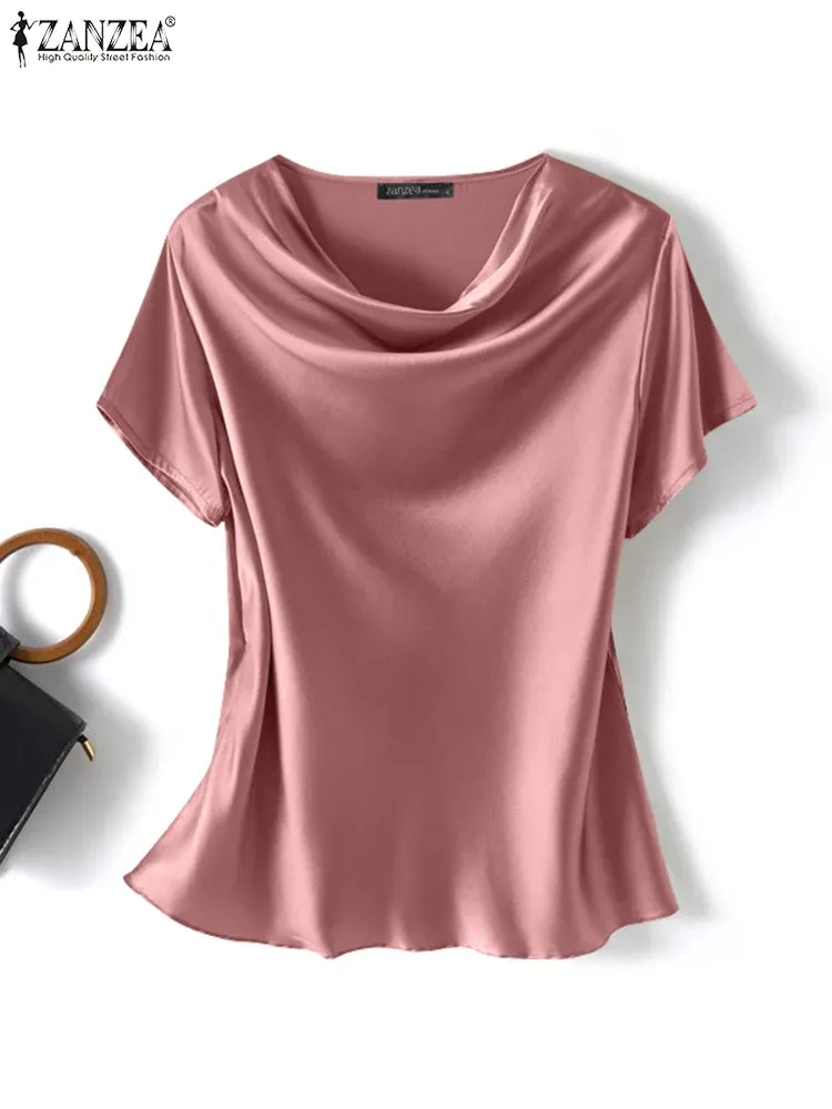 Plus Size Women Short Sleeve Solid Shirt Fashionable Satin Blouse Female Casual Office Lady Work Tunic Tops Elegant Loose Blouse