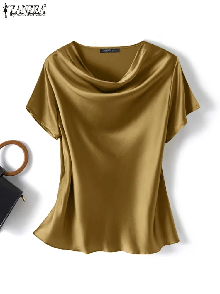 Plus Size Women Short Sleeve Solid Shirt Fashionable Satin Blouse Female Casual Office Lady Work Tunic Tops Elegant Loose Blouse