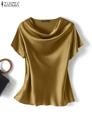 Plus Size Women Short Sleeve Solid Shirt Fashionable Satin Blouse Female Casual Office Lady Work Tunic Tops Elegant Loose Blouse
