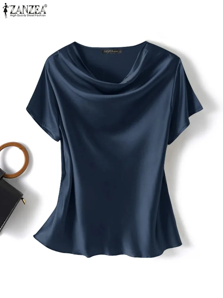Plus Size Women Short Sleeve Solid Shirt Fashionable Satin Blouse Female Casual Office Lady Work Tunic Tops Elegant Loose Blouse