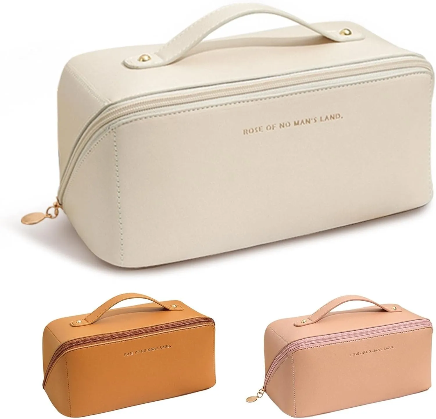 Portable Make Up Bag, Large Capacity Travel Cosmetic Bag, PU Leather Double-layered, Waterproof Portable Leather Makeup Organizer Bag for Skin Care Kits Cosmetics Toiletries (Milk apricot white)