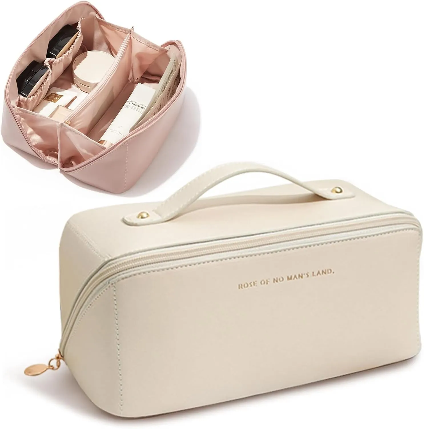 Portable Make Up Bag, Large Capacity Travel Cosmetic Bag, PU Leather Double-layered, Waterproof Portable Leather Makeup Organizer Bag for Skin Care Kits Cosmetics Toiletries (Milk apricot white)