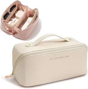 Portable Make Up Bag, Large Capacity Travel Cosmetic Bag, PU Leather Double-layered, Waterproof Portable Leather Makeup Organizer Bag for Skin Care Kits Cosmetics Toiletries (Milk apricot white)