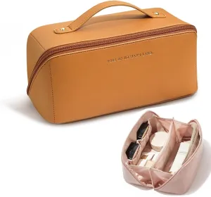 Portable Make Up Bag, Large Capacity Travel Cosmetic Bag, PU Leather Double-layered, Waterproof Portable Leather Makeup Organizer Bag for Skin Care Kits Cosmetics Toiletries (Mocha brown)