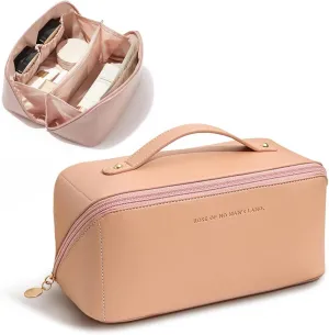 Portable Make Up Bag, Large Capacity Travel Cosmetic Bag, PU Leather Double-layered, Waterproof Portable Leather Makeup Organizer Bag for Skin Care Kits Cosmetics Toiletries (Rose pink)
