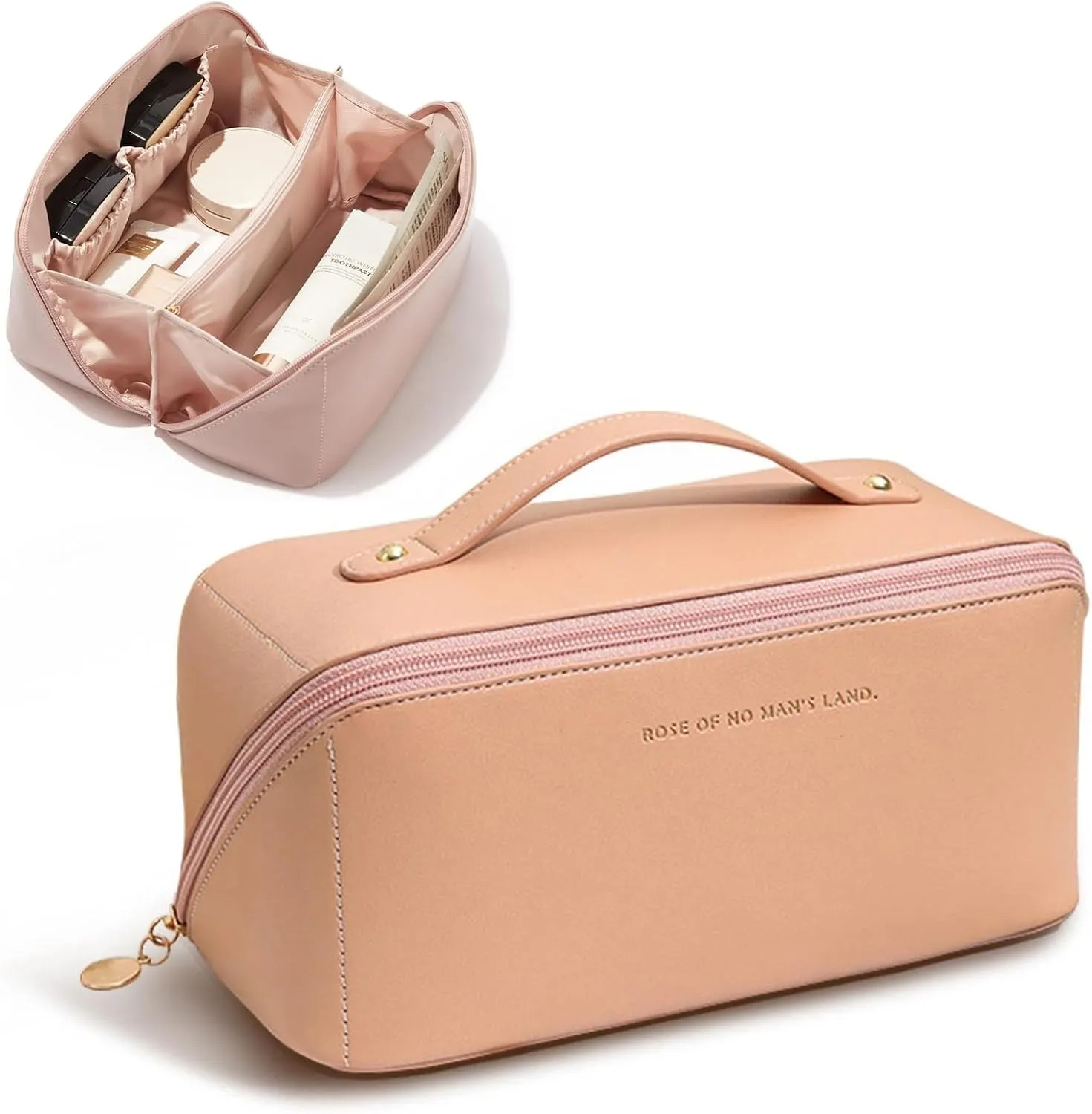 Portable Make Up Bag, Large Capacity Travel Cosmetic Bag, PU Leather Double-layered, Waterproof Portable Leather Makeup Organizer Bag for Skin Care Kits Cosmetics Toiletries (Rose pink)