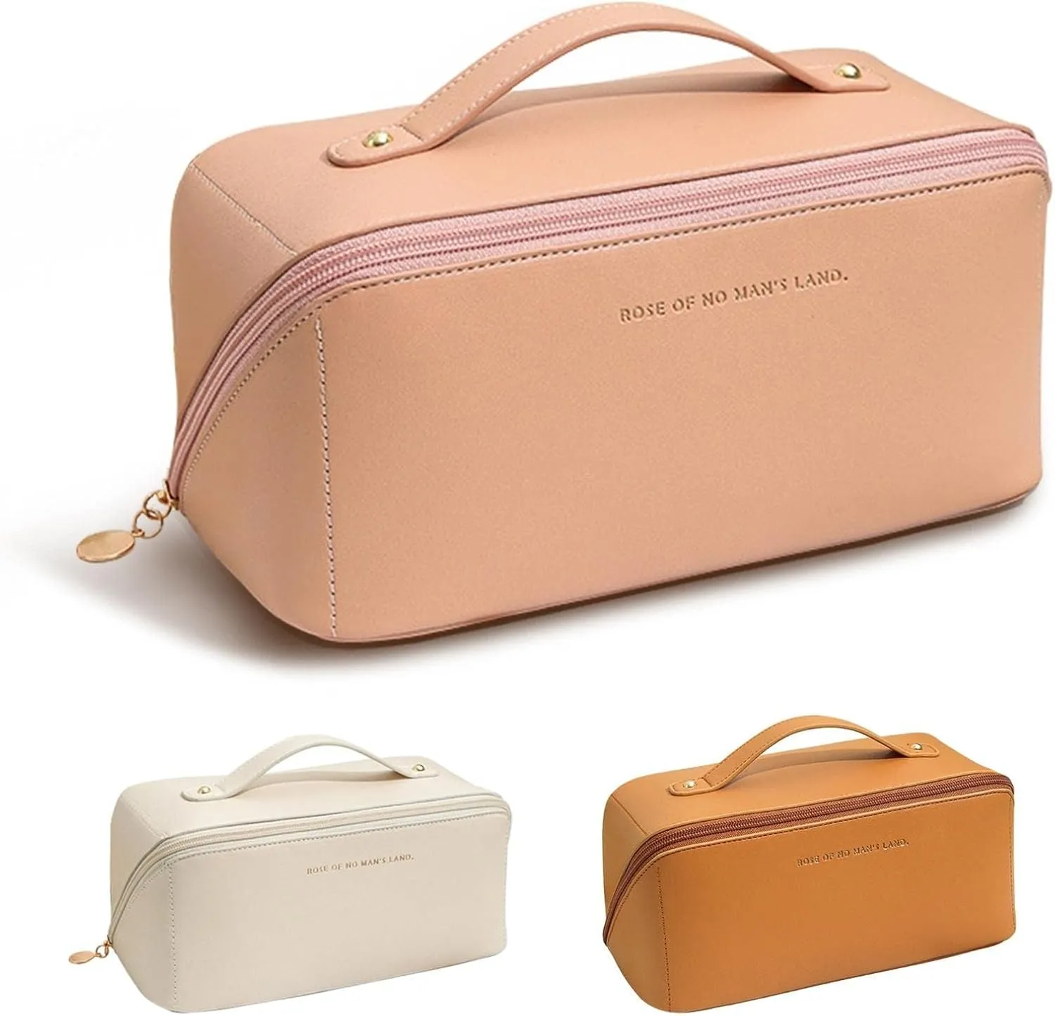 Portable Make Up Bag, Large Capacity Travel Cosmetic Bag, PU Leather Double-layered, Waterproof Portable Leather Makeup Organizer Bag for Skin Care Kits Cosmetics Toiletries (Rose pink)