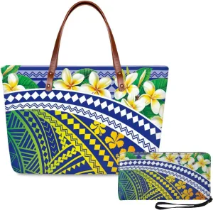 PU Leather Purse Samoan Polynesian Tribal Large Capacity Tote Bag Shoulder Bags Wallet Set 2pcs Shoulder Bags