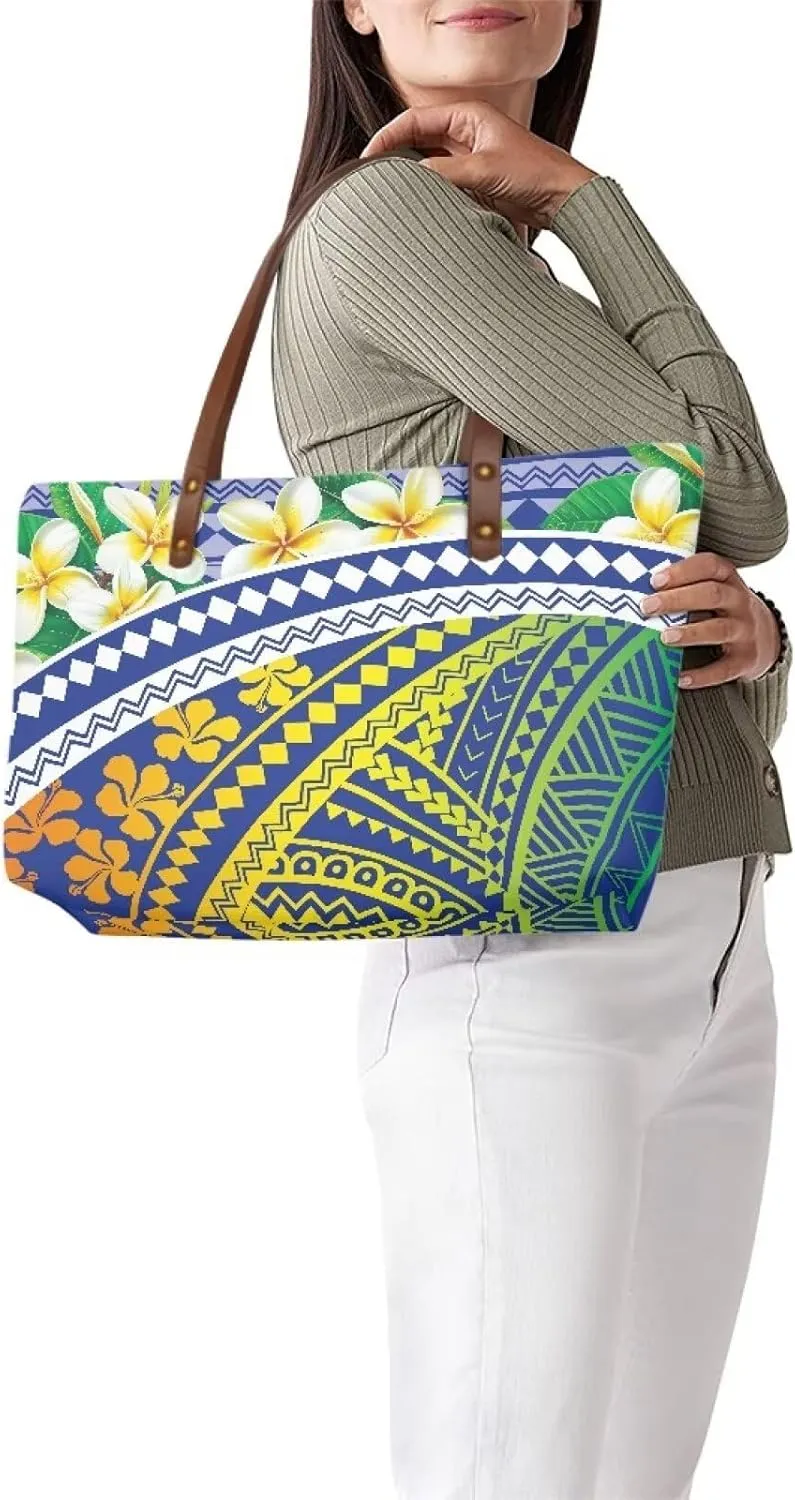 PU Leather Purse Samoan Polynesian Tribal Large Capacity Tote Bag Shoulder Bags Wallet Set 2pcs Shoulder Bags