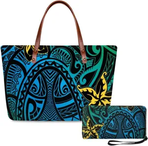 PU Leather Purse Samoan Polynesian Tribal Large Capacity Tote Bag Shoulder Bags Wallet Set 2pcs Shoulder Bags