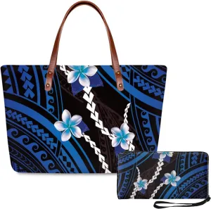 PU Leather Purse Samoan Polynesian Tribal Large Capacity Tote Bag Shoulder Bags Wallet Set 2pcs Shoulder Bags