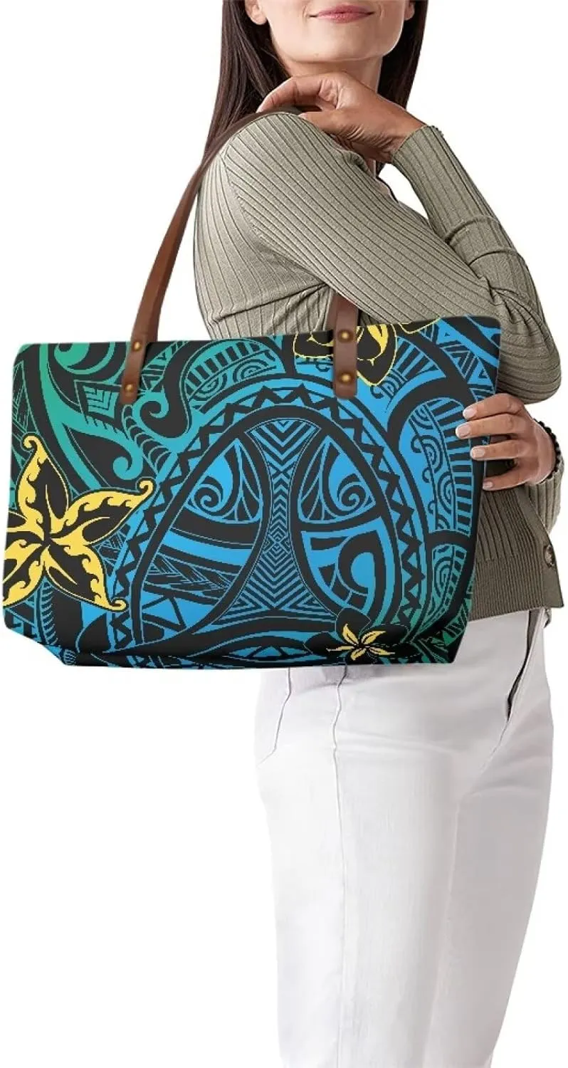 PU Leather Purse Samoan Polynesian Tribal Large Capacity Tote Bag Shoulder Bags Wallet Set 2pcs Shoulder Bags