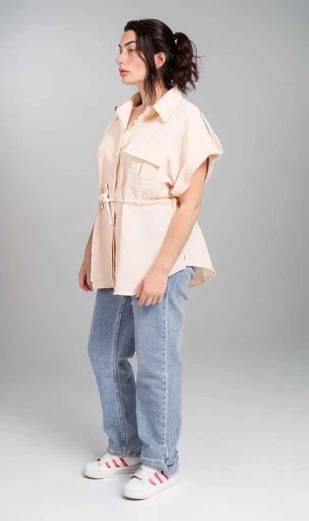 R207256 - Linen Look Belted Short-Sleeve Shirt - Beige