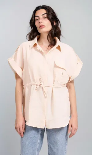 R207256 - Linen Look Belted Short-Sleeve Shirt - Beige