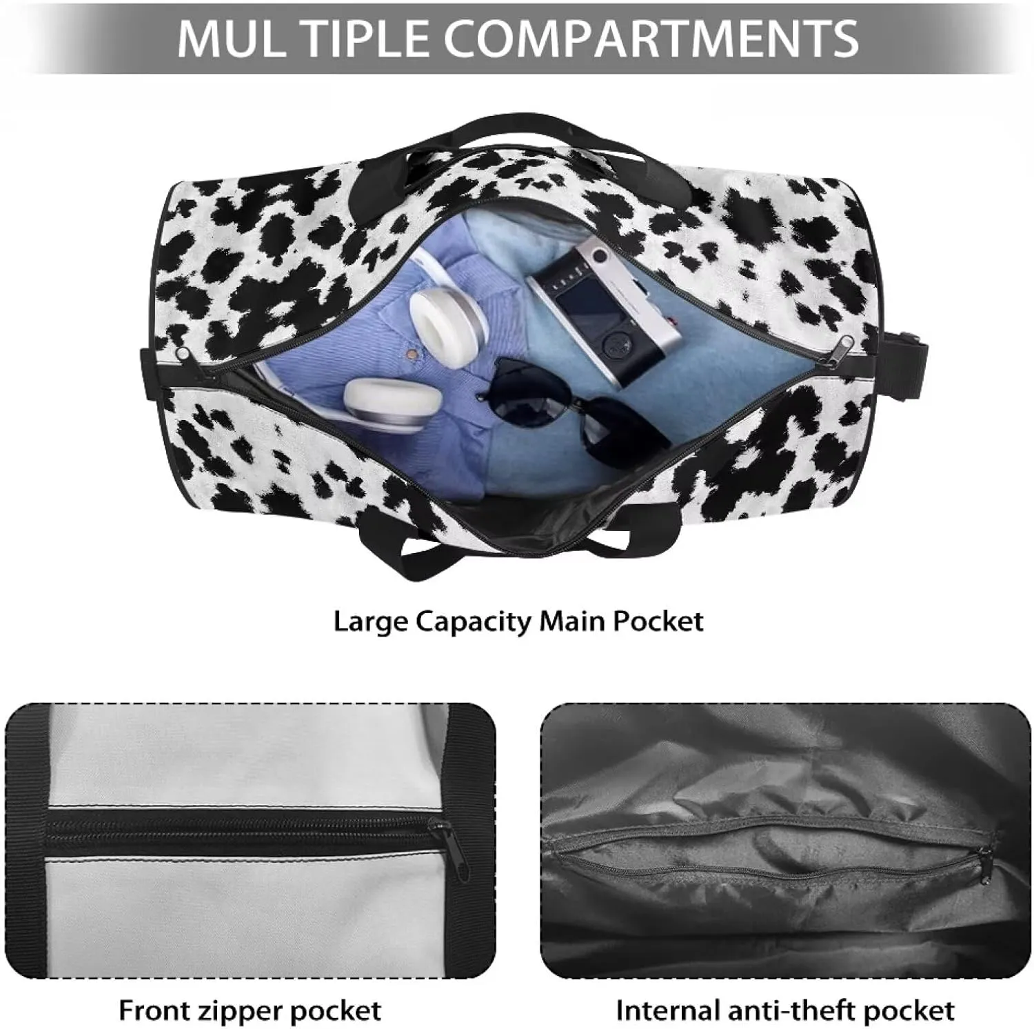 Rchsmod Cow Print Gym Bag for Men Women Large Capacity Duffel Bag with Shoulder Strap Portable Weekender Bag with Inner Pocket Sports Tote Bags Tear Resistant Garment Bags for Gym Yoga Beach
