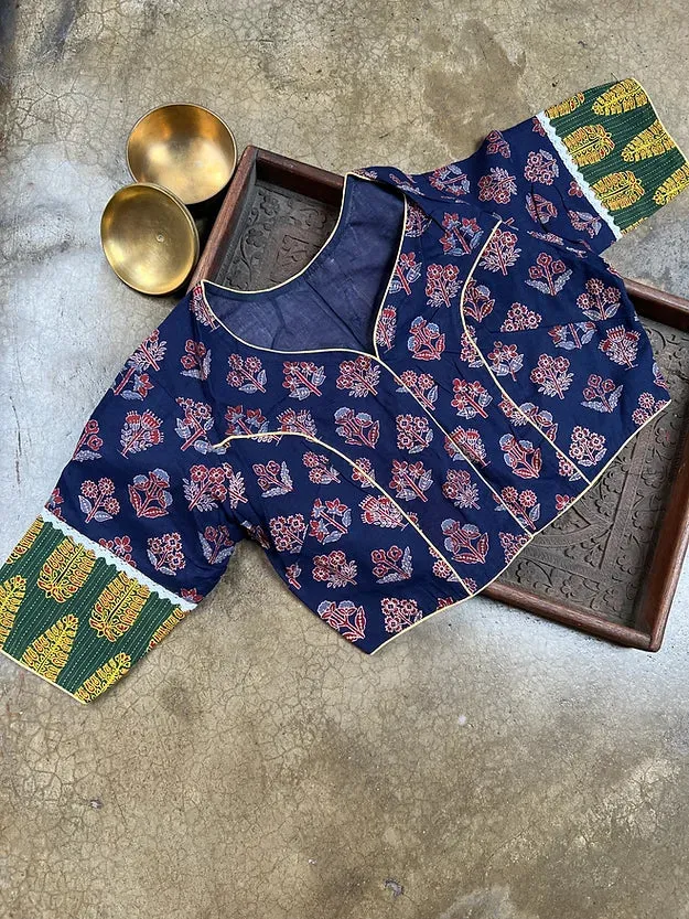 Readymade Blue, Green and Red Pure Cotton Ajrakh Blouse with Embroidery Blouse
